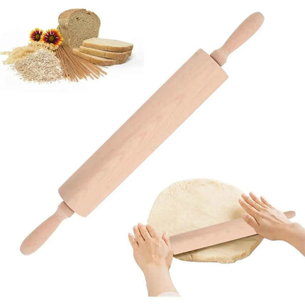 Wooden pastry rolling pin 46 cm – kitchen rolling pin with ergonomic handles and rotating central shaft, ideal for kneading pizza dough, cookies, tarts, pastries and bread – natural beech