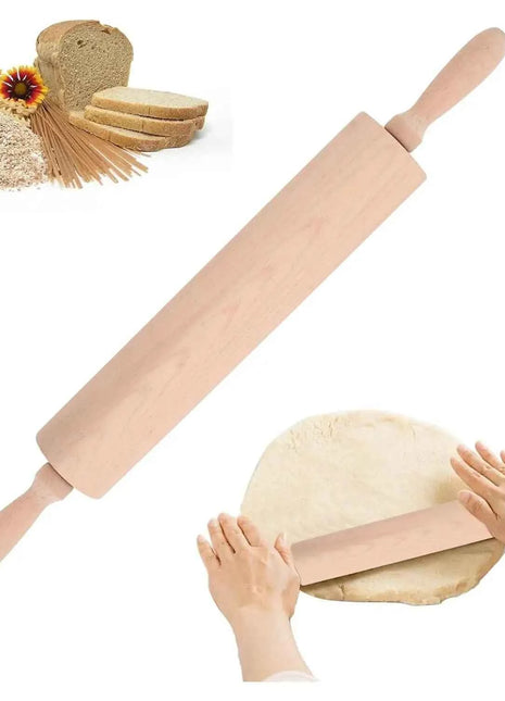 Wooden pastry rolling pin 46 cm – kitchen rolling pin with ergonomic handles and rotating central shaft, ideal for kneading pizza dough, cookies, tarts, pastries and bread – natural beech