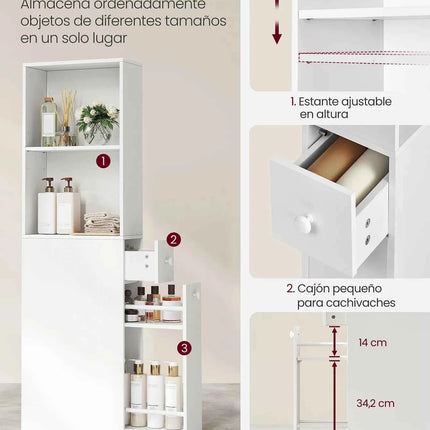 VASAGLE Tall Bathroom Cabinet, a space-saving storage solution with a classic white MDF design, featuring adjustable shelves and drawers, perfect for small spaces.