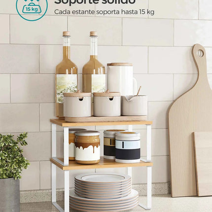 SONGMICS Spice Rack Set of 2, Extendable Kitchen Organizer, Adjustable Metal and Engineered Wood Shelves in Cloud White and Natural Beige, supports up to 15kg for spices and utensils, easy to assemble with illustrated instruc