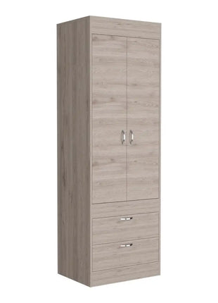Armadio Lisbon in melaminico con 2 ante, 1 ripiano, 1 binario per appendere i vestiti e 2 cassetti con binari metallici, grigio, 179 cm x 59,2 cm x 48 cm