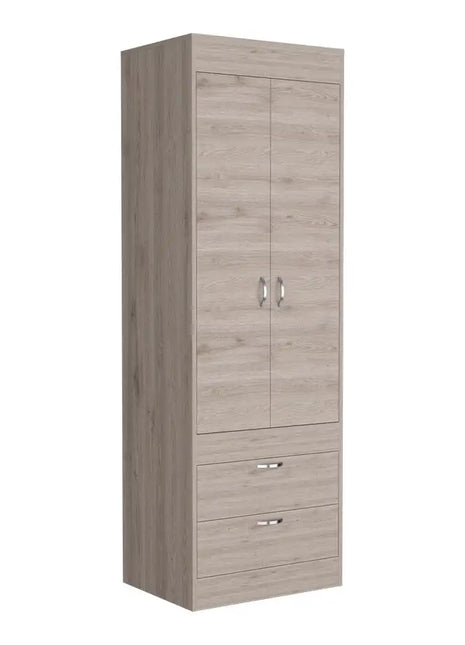 Armadio Lisbon in melaminico con 2 ante, 1 ripiano, 1 binario per appendere i vestiti e 2 cassetti con binari metallici, grigio, 179 cm x 59,2 cm x 48 cm