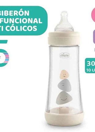 Chicco Perfect5 Baby Bottle 300ml 4M+ with fast flow, designed to adapt to the unique sucking rhythm of each baby, featuring a hygienic, extra soft silicone nipple for optimal grip and comfort.