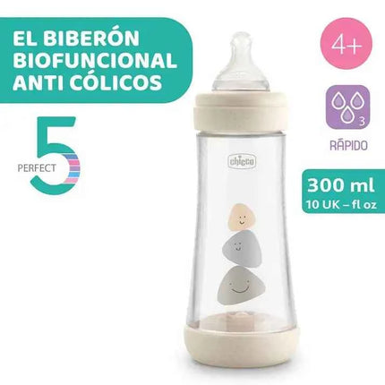 Chicco Perfect5 Baby Bottle 300ml 4M+ with fast flow, designed to adapt to the unique sucking rhythm of each baby, featuring a hygienic, extra soft silicone nipple for optimal grip and comfort.