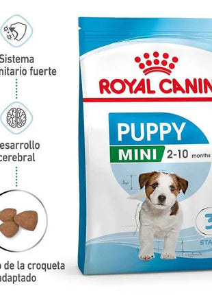 Royal Canin Mini Puppy 8KG dog food for small breed puppies up to 10 kg, with balanced nutrition, high energy for growth, and enriched with vitamins C and E for immune support and digestive health.