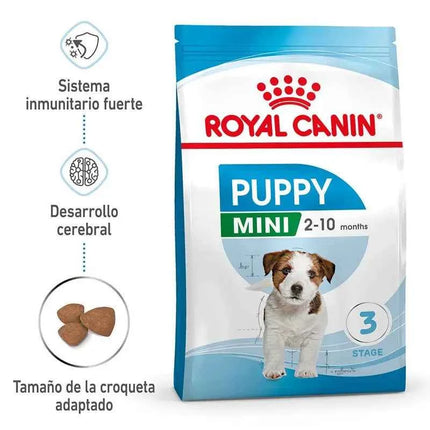 Royal Canin Mini Puppy 8KG dog food for small breed puppies up to 10 kg, with balanced nutrition, high energy for growth, and enriched with vitamins C and E for immune support and digestive health.