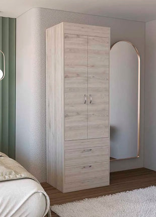 Armadio Lisbon in melaminico con 2 ante, 1 ripiano, 1 binario per appendere i vestiti e 2 cassetti con binari metallici, grigio, 179 cm x 59,2 cm x 48 cm