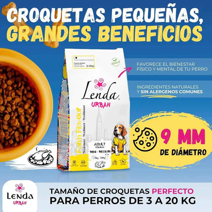 Lenda Urban Farm Chicken - Natural Dog Food for Mini-Medium Breeds, high protein content 36.5%, suitable for adult dogs, supports bone health with meat-based ingredients like chicken, pork, and beef.