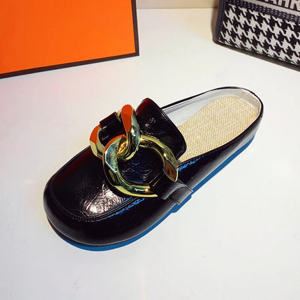 Pantofola da donna estiva tacchi bassi scivoli Casual infradito punta tonda nuovo arrivo Brand Design catena d'oro chiusa Slip On scarpe Mulles