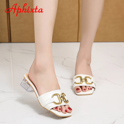 Aphixta 2025 Fibbia in metallo 3,5 cm Tacchi quadrati trasparenti Presentazioni aziende produttrici giochi Donna Peep Toe Ciabatte fresche Pantofole estive Sandali Scarpe eleganti