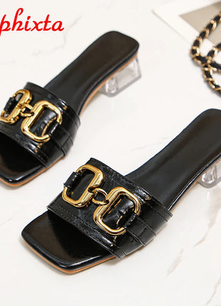 Aphixta 2025 Metal Buckle 3.5cm Clear Square Heels Manufacturers Games Presentations Women Peep Toe Cool Slippers Summer Sandals Elegant Shoes