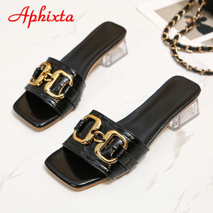 Aphixta 2025 Fibbia in metallo 3,5 cm Tacchi quadrati trasparenti Presentazioni aziende produttrici giochi Donna Peep Toe Ciabatte fresche Pantofole estive Sandali Scarpe eleganti