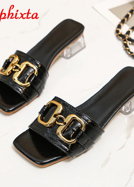 Aphixta 2025 Fibbia in metallo 3,5 cm Tacchi quadrati trasparenti Presentazioni aziende produttrici giochi Donna Peep Toe Ciabatte fresche Pantofole estive Sandali Scarpe eleganti