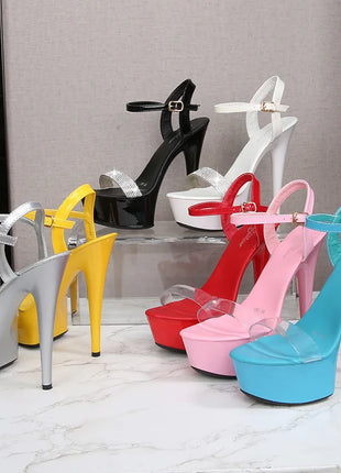 Women's High Heel Sandals with Black Red Silver Rhinestones Sexy Summer Platform Pumps Colorful Patent Leather Stiletto Shoes