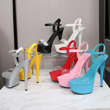 Sandali con tacco alto da donna con strass neri rossi argentati Décolleté con plateau estivi sexy Scarpe con tacco fine in pelle verniciata colorata da donna