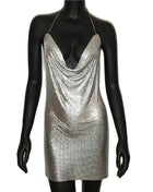 2023 Sexy Clubwear Backless Sequin Short Dress for Women Cocktail Metallic Split Mesh Harness Body Chain Club Low Cut Mini Dress