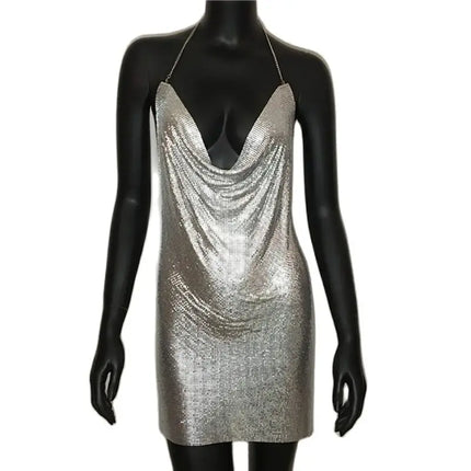 2023 Sexy Clubwear Backless paillettes abito corto per le donne Cocktail Metalic Split Mesh Harness Body Chain Club Low Cut Mini Dress