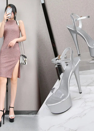 Women's High Heel Sandals with Black Red Silver Rhinestones Sexy Summer Platform Pumps Colorful Patent Leather Stiletto Shoes