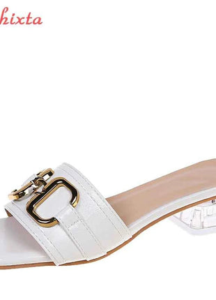 Aphixta 2025 Fibbia in metallo 3,5 cm Tacchi quadrati trasparenti Presentazioni aziende produttrici giochi Donna Peep Toe Ciabatte fresche Pantofole estive Sandali Scarpe eleganti