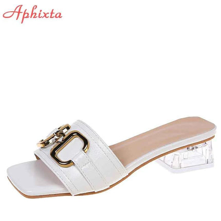Aphixta 2025 Fibbia in metallo 3,5 cm Tacchi quadrati trasparenti Presentazioni aziende produttrici giochi Donna Peep Toe Ciabatte fresche Pantofole estive Sandali Scarpe eleganti