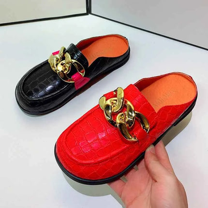 Pantofola da donna estiva tacchi bassi scivoli Casual infradito punta tonda nuovo arrivo Brand Design catena d'oro chiusa Slip On scarpe Mulles