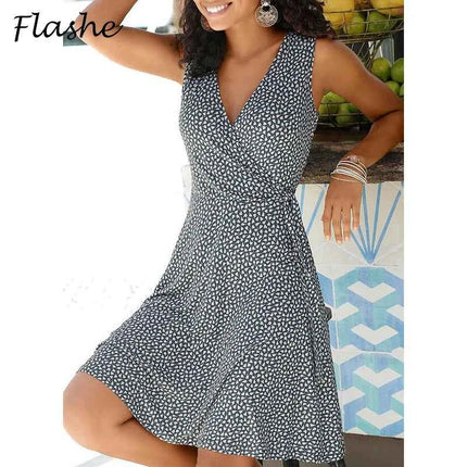 Nuovo vestito casuale a pois donne scollo a V senza maniche fasciatura vestito da spiaggia estate abiti bohémien per le donne vestiti S-5XL
