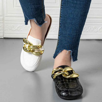 Pantofola da donna estiva tacchi bassi scivoli Casual infradito punta tonda nuovo arrivo Brand Design catena d'oro chiusa Slip On scarpe Mulles