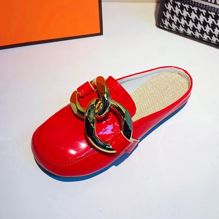 Pantofola da donna estiva tacchi bassi scivoli Casual infradito punta tonda nuovo arrivo Brand Design catena d'oro chiusa Slip On scarpe Mulles