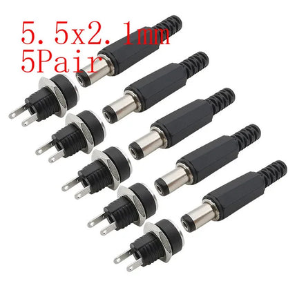 5 paia 5.5x2.1mm spina maschio di alimentazione CC + connettori presa jack femmina dado a vite adattatore per montaggio a pannello 5.5*2.1mm 12V 3A DC022