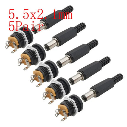 5 paia 5.5x2.1mm spina maschio di alimentazione CC + connettori presa jack femmina dado a vite adattatore per montaggio a pannello 5.5*2.1mm 12V 3A DC022