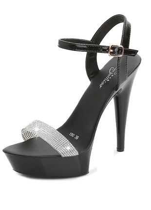 Women's High Heel Sandals with Black Red Silver Rhinestones Sexy Summer Platform Pumps Colorful Patent Leather Stiletto Shoes