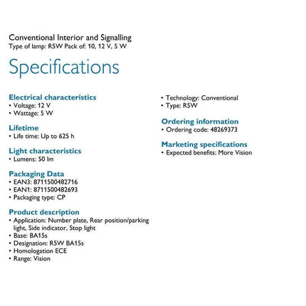 Philips Vision R5W 12821CP BA15s 5W Standard Interior Light Original Signal Lamps Rear Light Stop Light Wholesale 10pcs