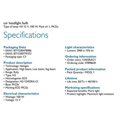Philips Rally Vision H3 12V 100W PK22s 12455RAC1 Off Road Super Bright Light Car Halogen Fog Lamp Auto Bulb (Single)