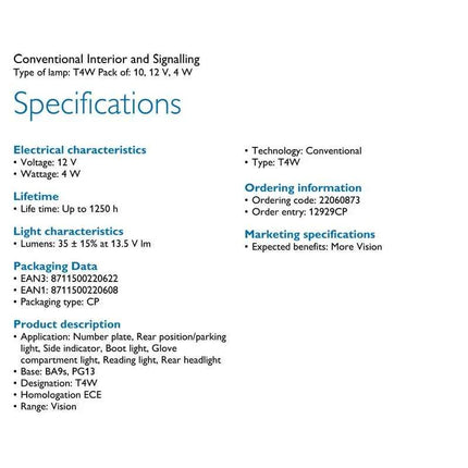 Philips Vision T4W 12929CP BA9s PG13 4W Standard Original Reading Lamps Number Plate Light Position Light Wholesale 10pcs