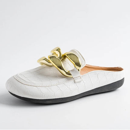 Pantofola da donna estiva tacchi bassi scivoli Casual infradito punta tonda nuovo arrivo Brand Design catena d'oro chiusa Slip On scarpe Mulles