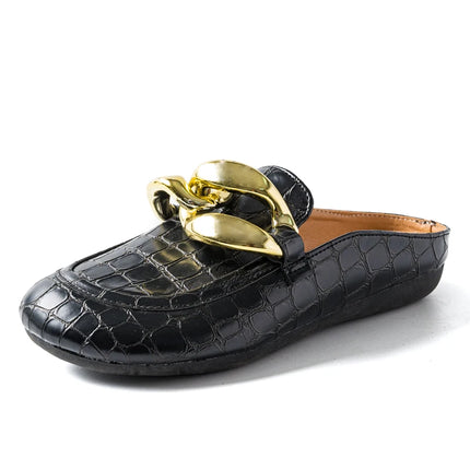 Pantofola da donna estiva tacchi bassi scivoli Casual infradito punta tonda nuovo arrivo Brand Design catena d'oro chiusa Slip On scarpe Mulles