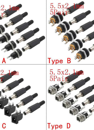 5 paia 5.5x2.1mm spina maschio di alimentazione CC + connettori presa jack femmina dado a vite adattatore per montaggio a pannello 5.5*2.1mm 12V 3A DC022