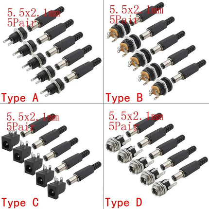 5 paia 5.5x2.1mm spina maschio di alimentazione CC + connettori presa jack femmina dado a vite adattatore per montaggio a pannello 5.5*2.1mm 12V 3A DC022