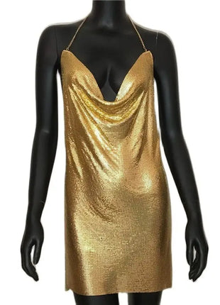 2023 Sexy Clubwear Backless Sequin Short Dress for Women Cocktail Metallic Split Mesh Harness Body Chain Club Low Cut Mini Dress