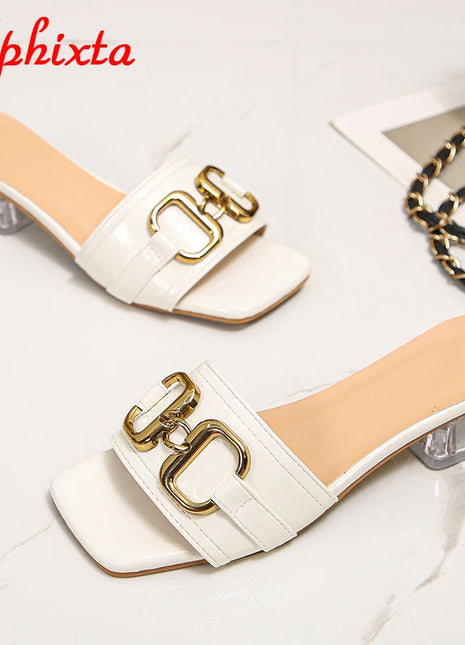 Aphixta 2025 Fibbia in metallo 3,5 cm Tacchi quadrati trasparenti Presentazioni aziende produttrici giochi Donna Peep Toe Ciabatte fresche Pantofole estive Sandali Scarpe eleganti
