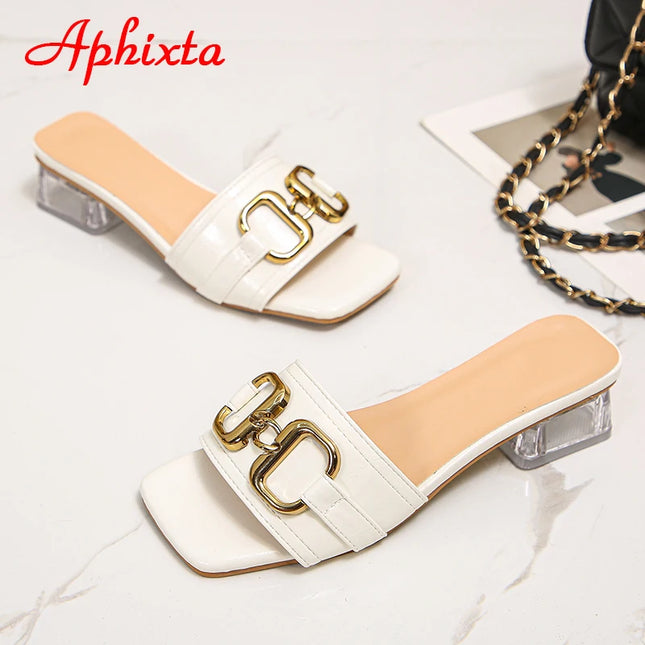 Aphixta 2025 Fibbia in metallo 3,5 cm Tacchi quadrati trasparenti Presentazioni aziende produttrici giochi Donna Peep Toe Ciabatte fresche Pantofole estive Sandali Scarpe eleganti