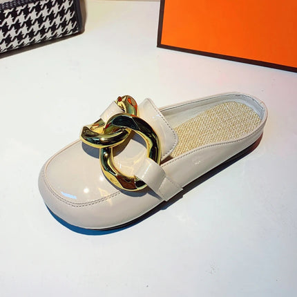 Pantofola da donna estiva tacchi bassi scivoli Casual infradito punta tonda nuovo arrivo Brand Design catena d'oro chiusa Slip On scarpe Mulles