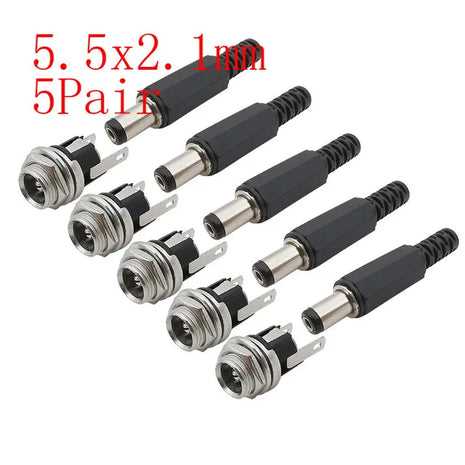 5 paia 5.5x2.1mm spina maschio di alimentazione CC + connettori presa jack femmina dado a vite adattatore per montaggio a pannello 5.5*2.1mm 12V 3A DC022