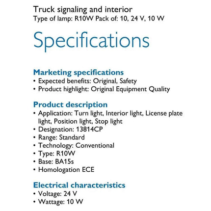 Philips Truck 24V Standard R10W 10W 13814CP BA15s Turn Signal Bulbs Interior Lamps Original Position Light Wholesale, Pack of 10