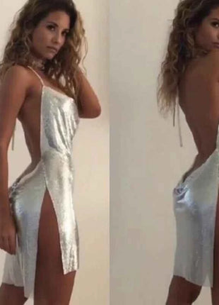 2023 Sexy Clubwear Backless paillettes abito corto per le donne Cocktail Metalic Split Mesh Harness Body Chain Club Low Cut Mini Dress