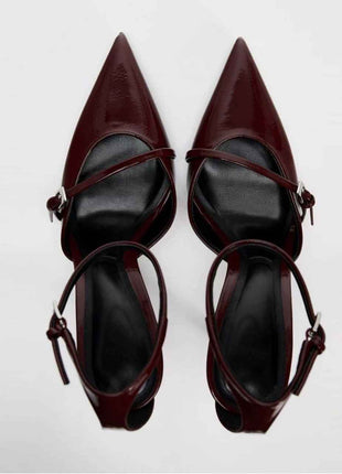 Pointed-Toe Patent Leather Low-Heeled Single-Strand Ankle Strap High Heel Shoes