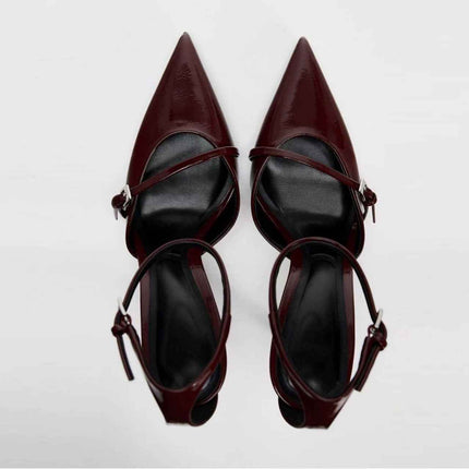Pointed-Toe Patent Leather Low-Heeled Single-Strand Ankle Strap High Heel Shoes