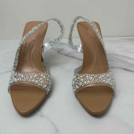 Pointed-Toe French-Style Low-Heeled Back Strap Shiny Pearl High-Heeled Sandals
