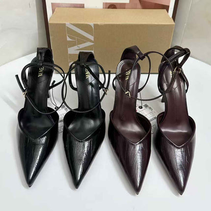 Slim Pointed Bag-Shaped Low-Cut Leather Belt Buckle High-Heeled Shoes