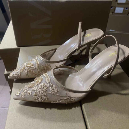 Embroidered Mesh Upper High-Heeled Shoes